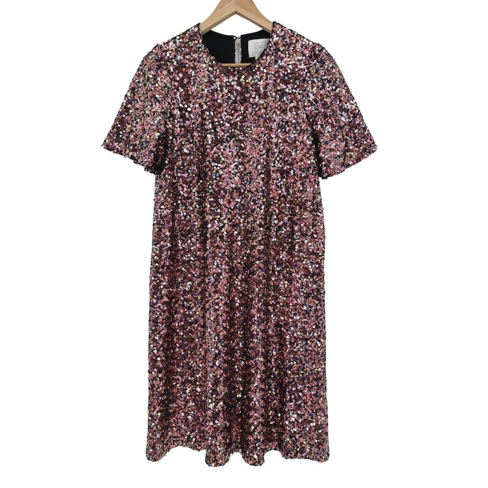 Seraphine Luxe Bambi Pink Sequin Shift Dress‎ Womens 6 Short Sleeve Mini NWT - Picture 2 of 10